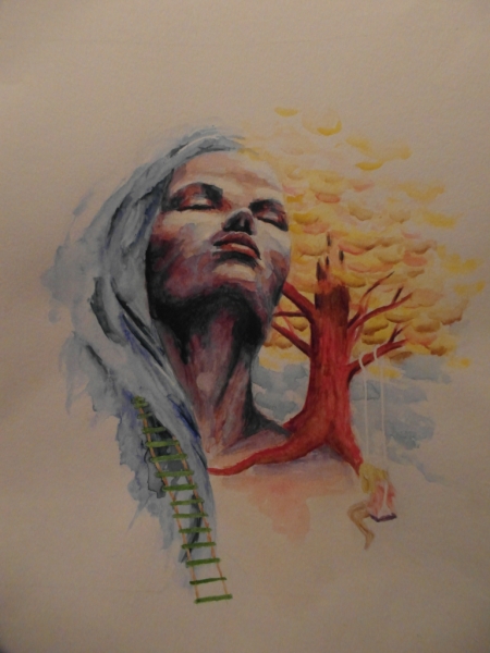 aquarel vrouw schommel boom